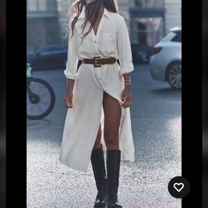 Zara white buttoned up rolled sleeves belted midi dress